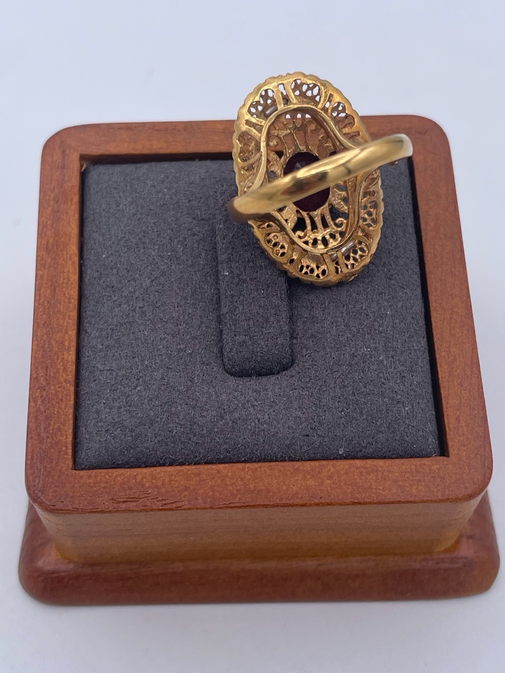 Mid-century Vintage 18K Yellow Gold Red Tourmaline Filigree Cocktail Ring Size8 - Picture 8 of 11